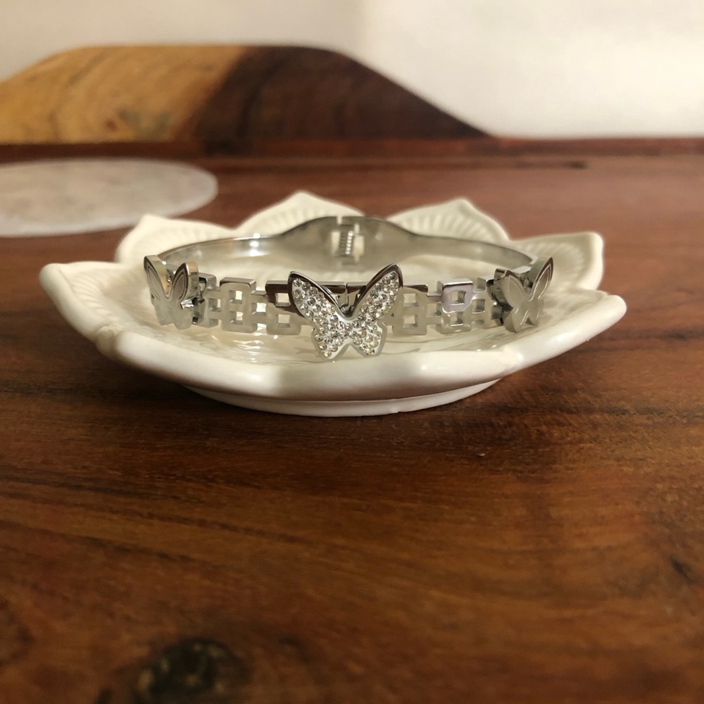 Titanium Steel Bangle Triple Butterfly Synthetic Zirconia Bracelet Cuff  Clasp